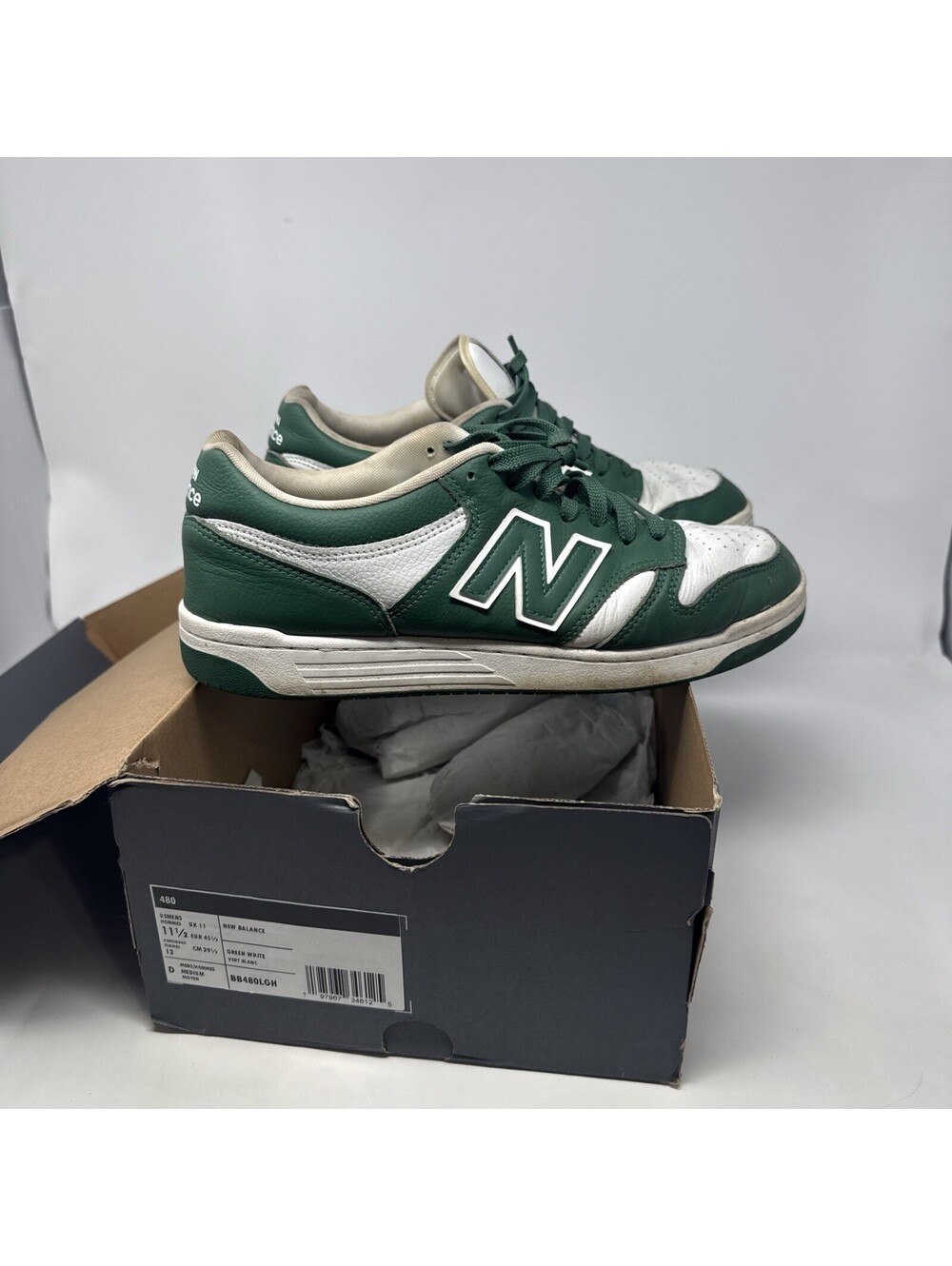 New Balance 480 Team Forest Green/White Low Top Leather BB480LGH Size 11.5
